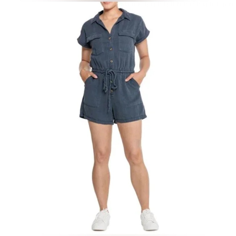 Nicole Miller New York Womens‎ Linen Blend Utility Romper Blue Medium